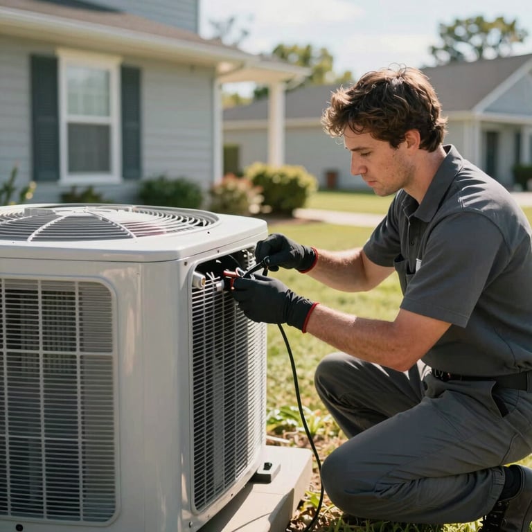 A professional technician working on an outdoor AC unit at a North American / US suburban home during a bright day.
