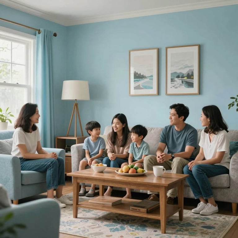 A family relaxing in a comfortable, climate-controlled North American / US living room with light ice blue accents.