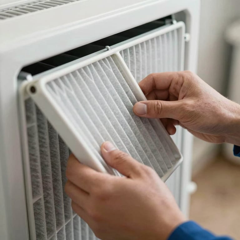Detail shot of professional hands replacing a clean air filter in a North American / US heating system.