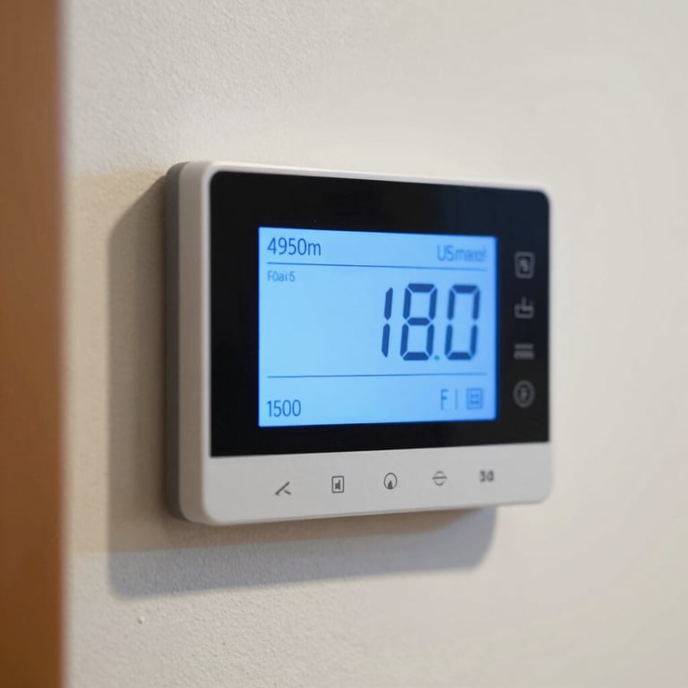 A close-up of a smart home thermostat with a sky blue digital display mounted on a clean wall in a North American / US home.
