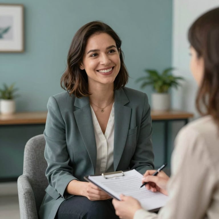 A professional counselor offering a warm, encouraging smile in a North American / US office decorated in muted teal.
