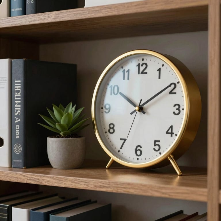 An organized office shelf with books, a small plant, and a gold-framed clock, reflecting a reliable and efficient atmosphere.