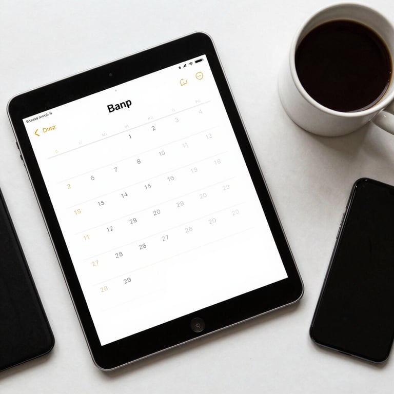 A sophisticated flat lay of a tablet showing a clean digital calendar, a smartphone, and a ceramic coffee mug in off-white.