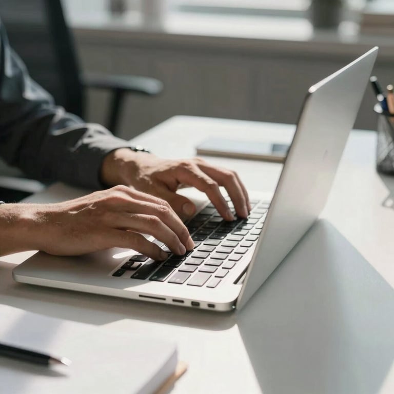 A pair of hands typing on a high-end silver laptop on a white desk in a sunlit North American office setting.