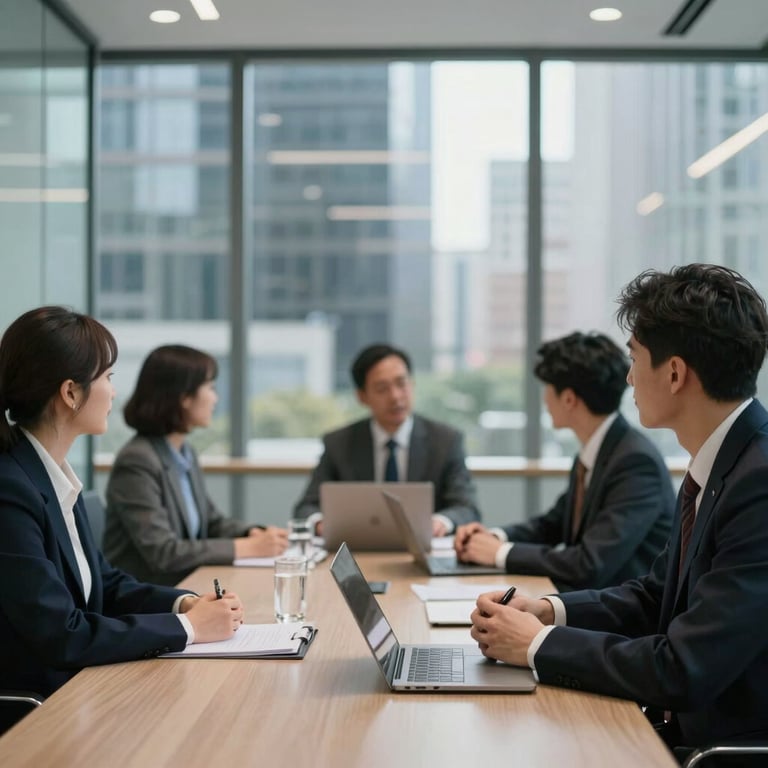 A blurred, professional business meeting taking place in a modern glass-walled office in a US city.