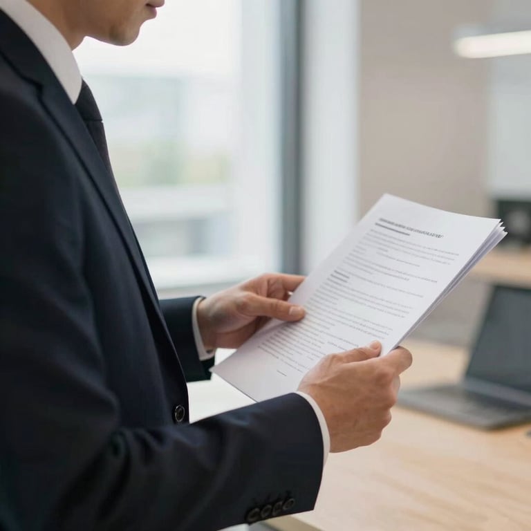 A professional individual in business-casual attire reviewing documents in a bright, modern interior setting.