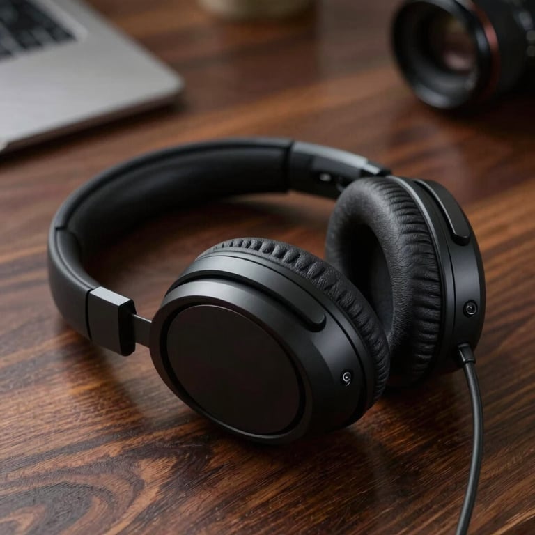 Close-up of a high-quality noise-canceling headset resting on a polished dark wood desk.