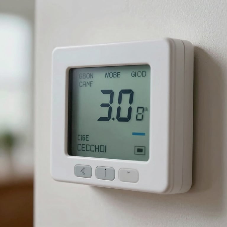 Detailed view of a modern thermostat display showing a cool temperature in a bright room.