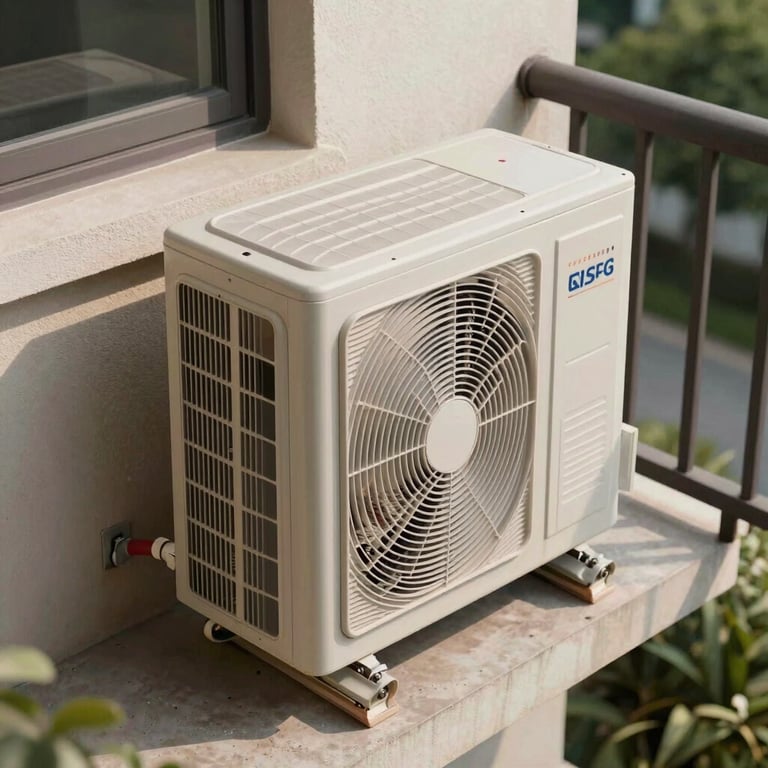 High-angle shot of a tidy external condenser unit installed on a residential balcony.