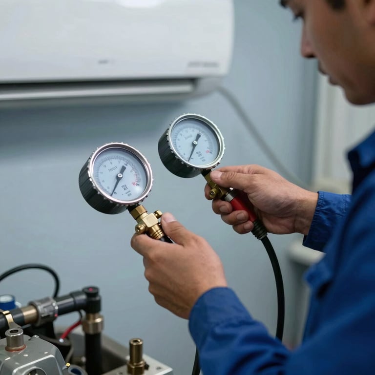 A South American technician using digital gauges to test the pressure of an AC system, professional tools, muted blue tones.