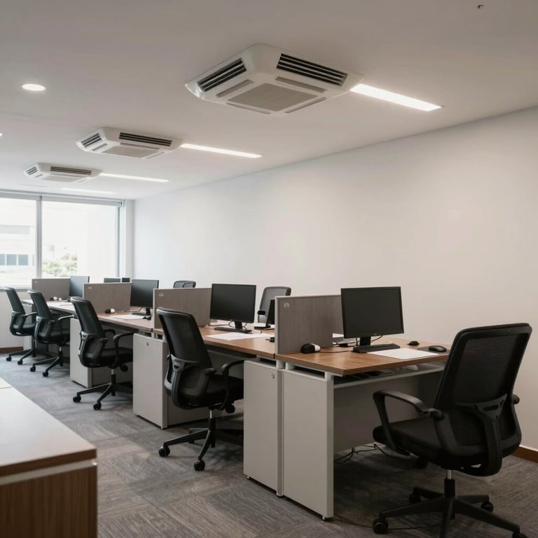 Wide shot of a professional office space in Brazil with clean lines and efficient air conditioning vents.