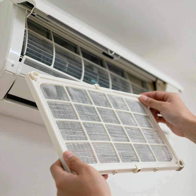 Close up of a clean white air conditioner filter being professionally handled, bright lighting, South American setting.