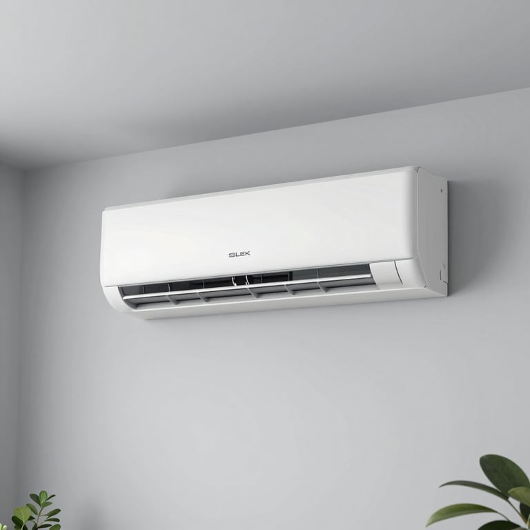 Sleek modern split air conditioning unit on a light gray wall in a minimalist living room.