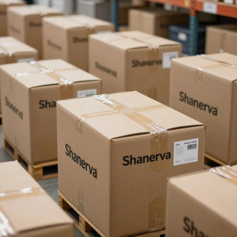 A fleet of corporate delivery packages labeled with Shanerva branding in a clean warehouse environment.