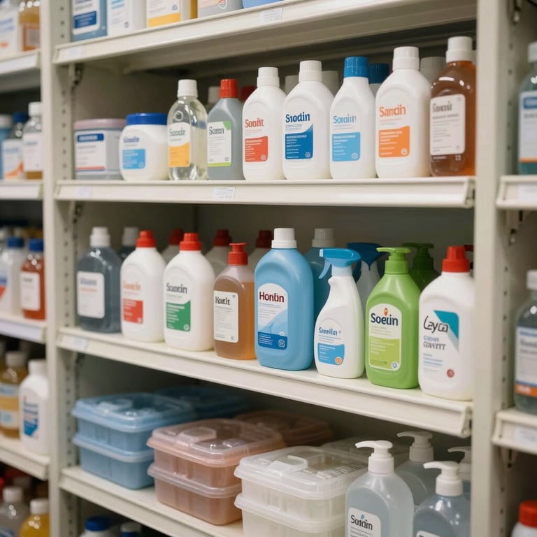 Interior shot of a corporate pantry neatly stocked with housekeeping essentials and supplies.
