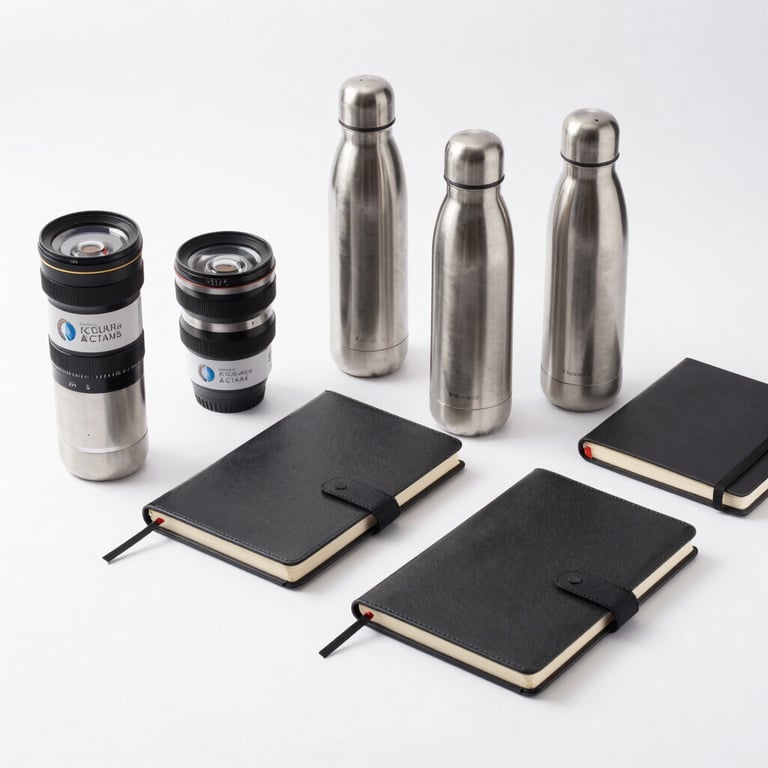 A collection of custom branded corporate gifts including steel water bottles and notebooks on a white background.