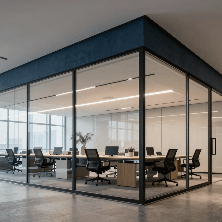 A premium office boardroom featuring elegant grey blackout curtains and minimalist decor.