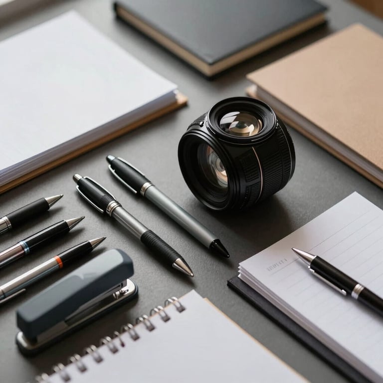 A professional array of office stationery supplies like pens, staplers, and high-quality paper sets.