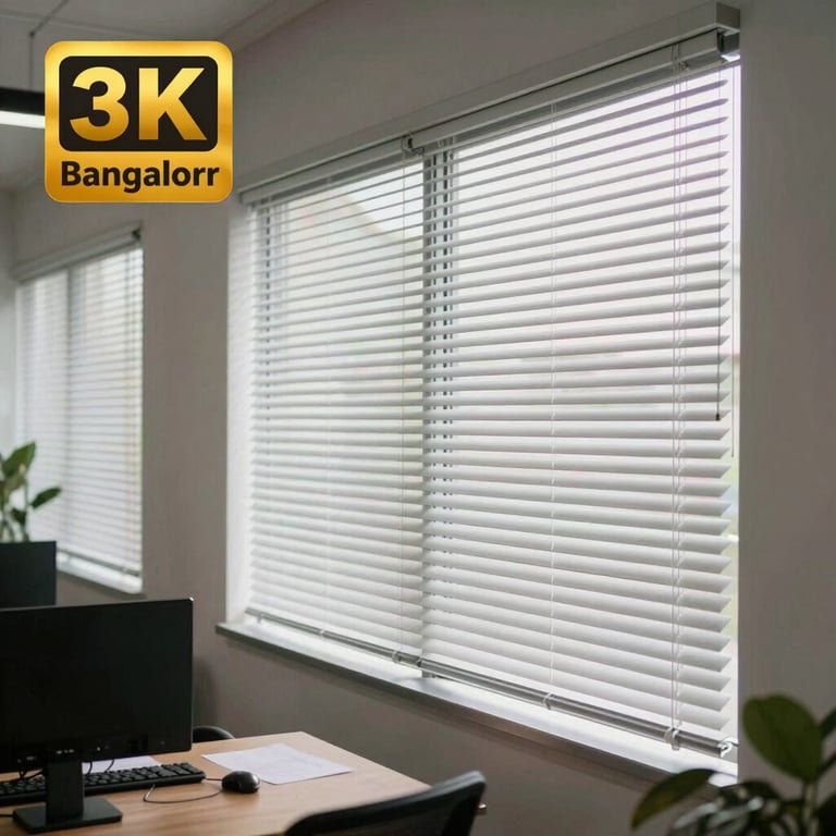 Detailed view of modern window blinds installed in a bright startup workspace in Bangalore.