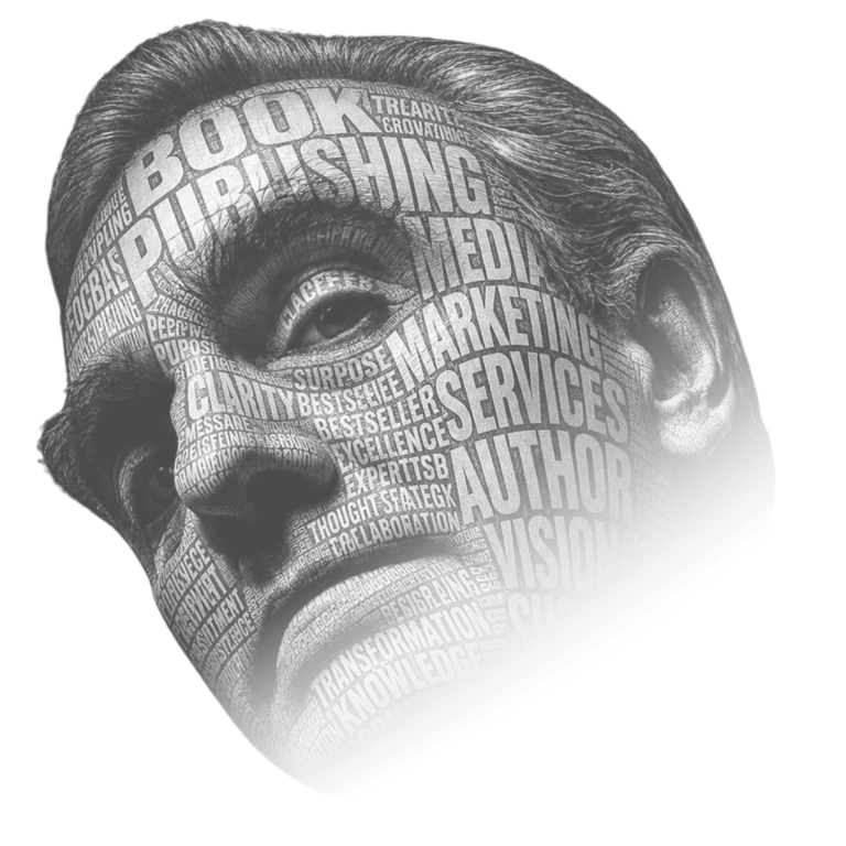 Black and white portrait of a man with typography face art featuring book publishing and marketing keywords.
