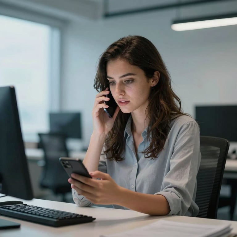 A focused young woman in a modern Zagreb office using a mobile application, illuminated by soft blue ambient light.