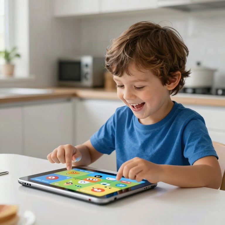 A young child laughing while playing a colorful game on a tablet at a bright kitchen table.