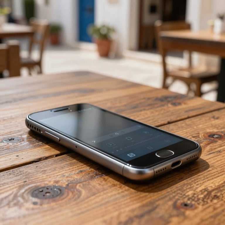 Detailed photography of a mobile device on a rustic wooden table in a sunny Mediterranean outdoor cafe.