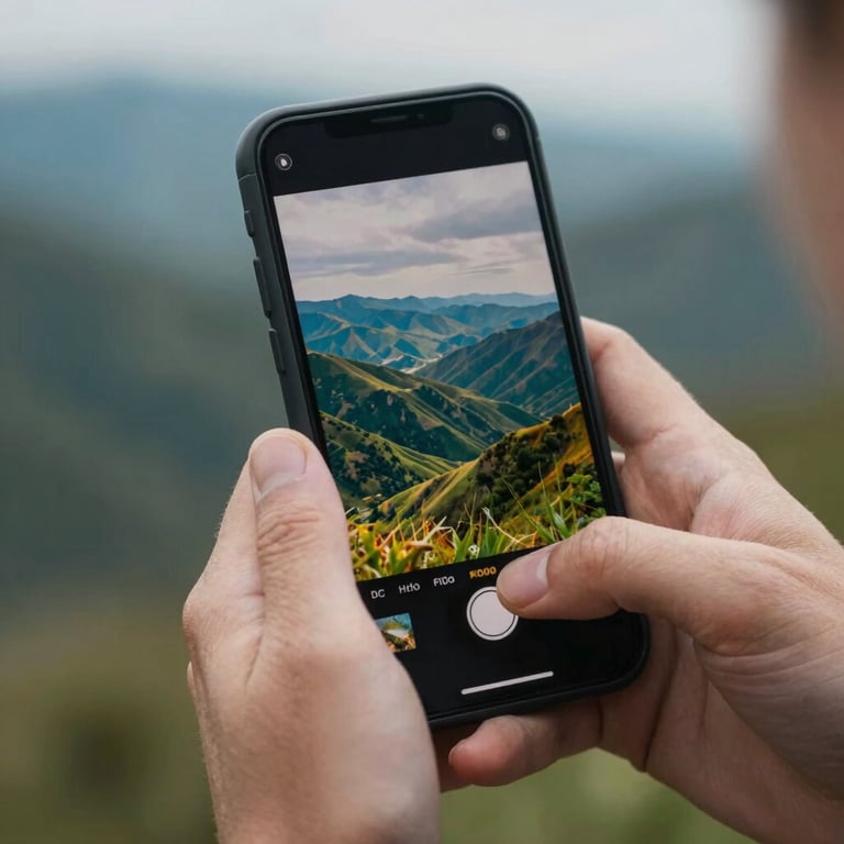 Close-up shot of hands holding a smartphone displaying a vibrant, artistic landscape in soft focus.
