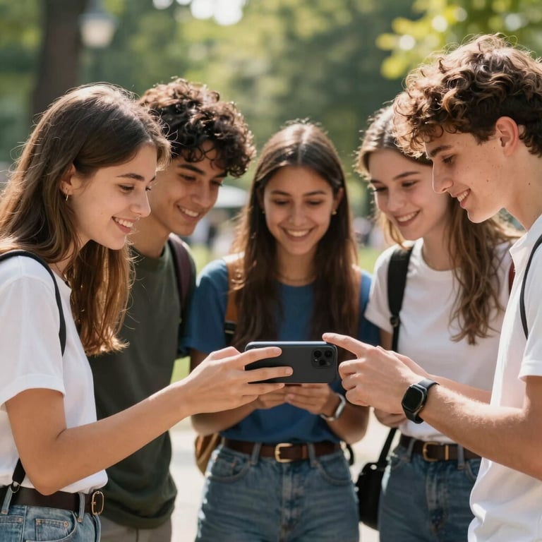 Photography of a group of teenagers in a park in Croatia, smiling while looking at a phone screen in bright daylight.
