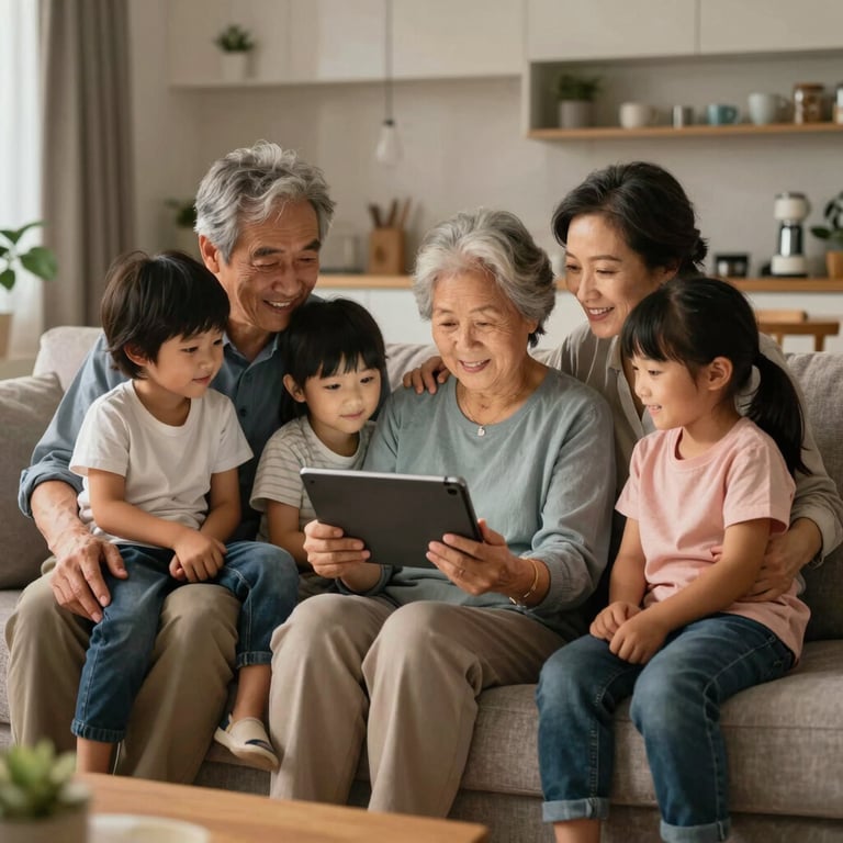 A multi-generational family sitting on a sofa in a modern home, interacting with a tablet together in warm evening light.