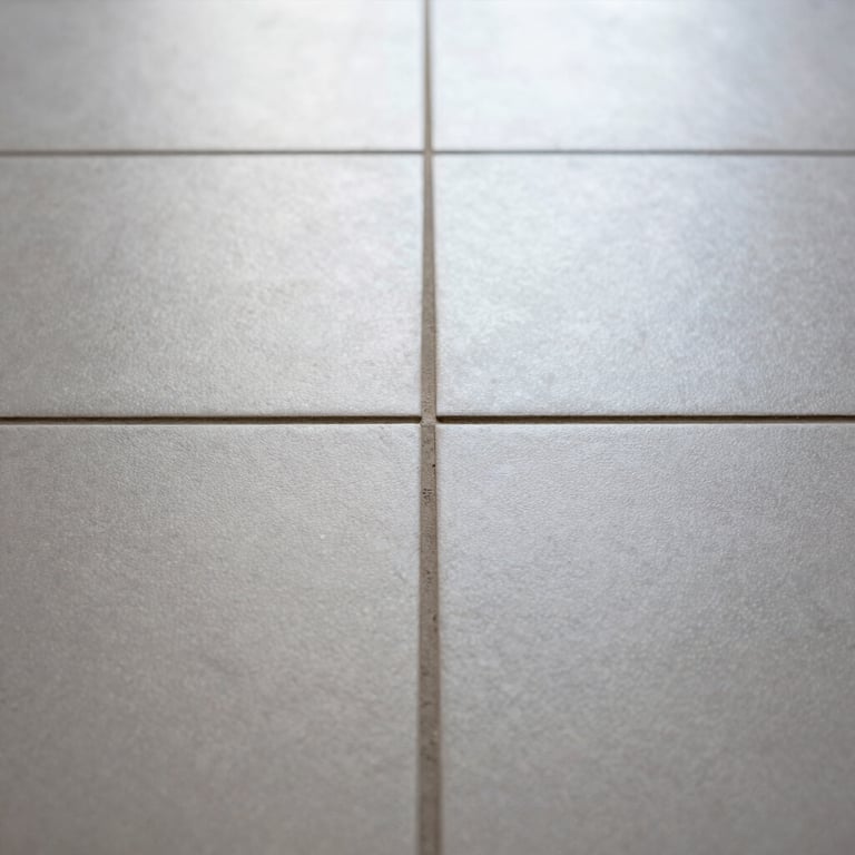 Extreme close-up of freshly laid ceramic floor tiles in a Seville apartment, tight grout lines perfectly aligned, natural overcast daylight raking across the surface revealing texture, no people