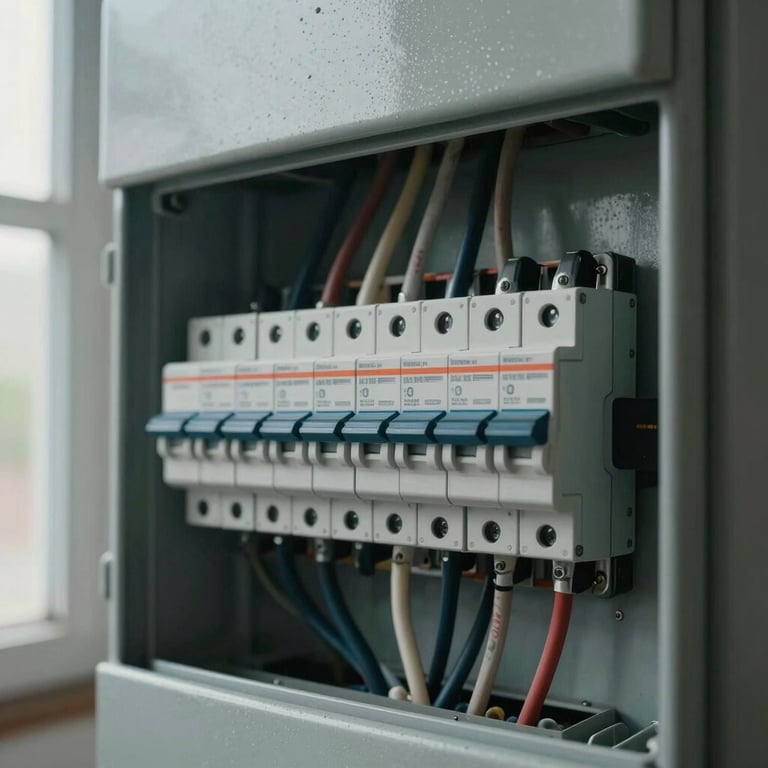 Close-up overhead view of a newly wired electrical panel in a Seville property, labeled circuit breakers, neat cable runs, overcast natural light from nearby window, no people