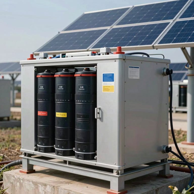 Detailed shot of an industrial battery storage system for solar energy, clean and technological.