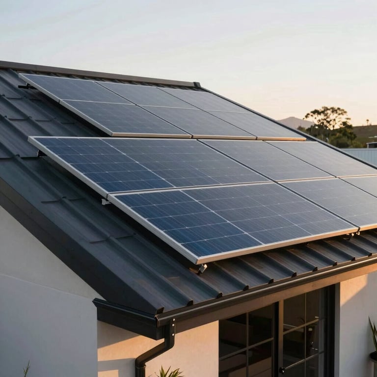 A modern South American home with sleek solar panels integrated into its slanted roof design.