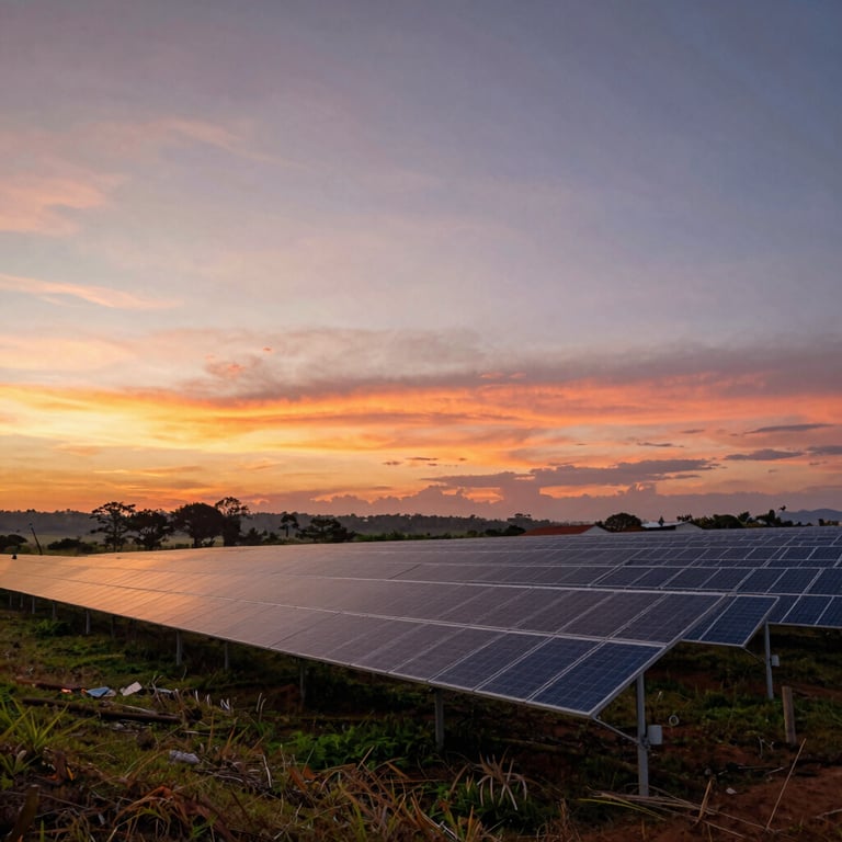Vibrant sunset over a large solar farm in the Colombian countryside, showcasing environmental harmony.