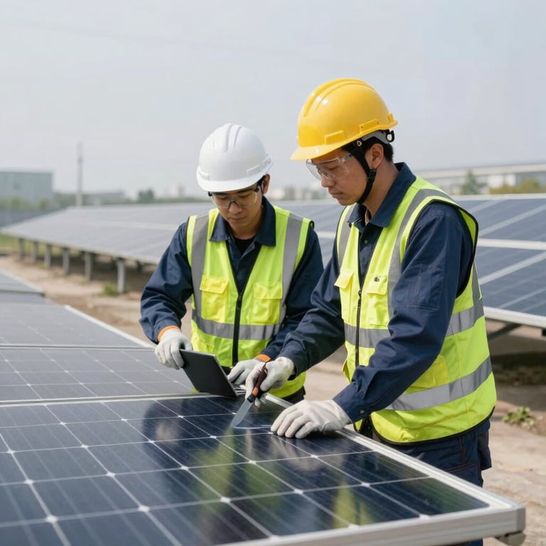 Maintenance crew in safety gear performing a routine inspection on a commercial solar array.