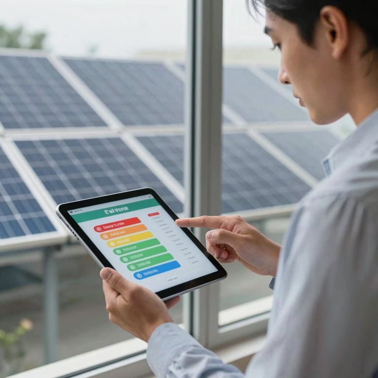 A business owner reviewing energy savings on a tablet with solar panels visible through the window.
