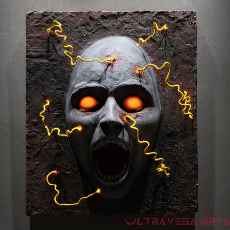 wall hanging sculpture spot lit from above, sculpture of a screaming face protruding from a textured panel with yellow bolts