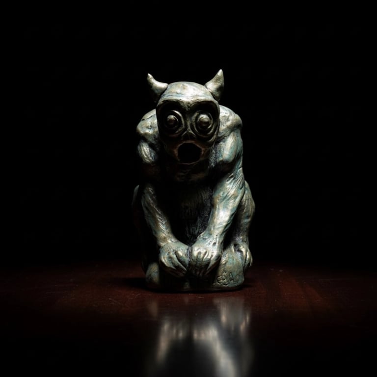 Spiral Eyed Gargoyle Sculpture 4 Inches tall with aged bronze finish on wood table by UltraVega Arts