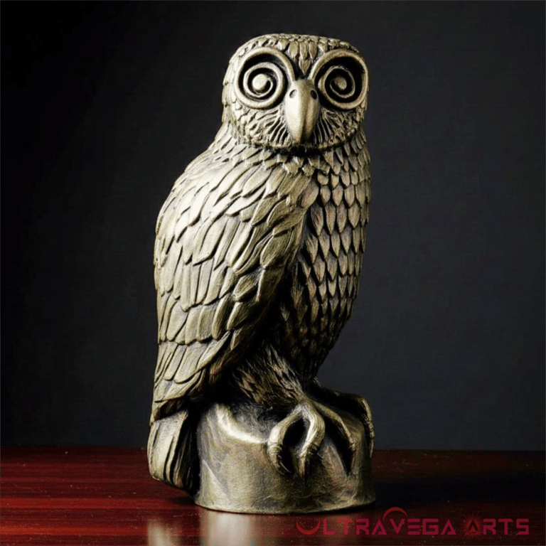 Spiral Eyed Mystic Owl Sculpture with spiral eyes 5 Inches tall with aged bronze finish on wood table by UltraVega Arts