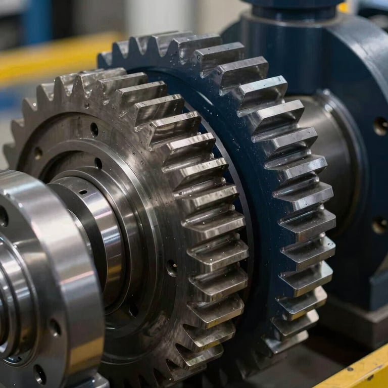 Close-up of industrial gears and automated belt systems, reflecting Dark Navy and metallic tones.