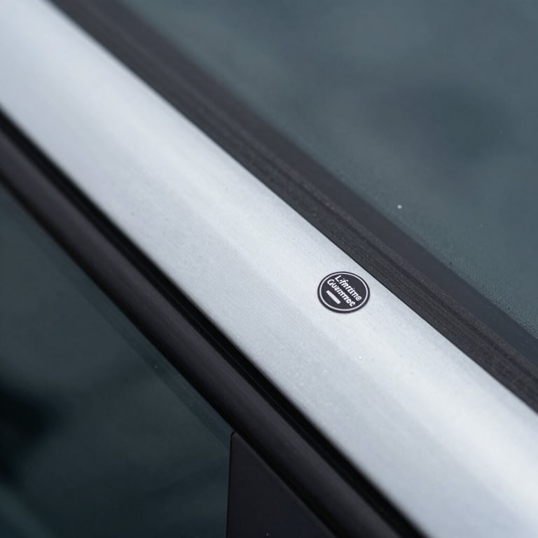 Detailed macro shot of a pristine windshield edge with a small 'Lifetime Guarantee' seal in the corner.