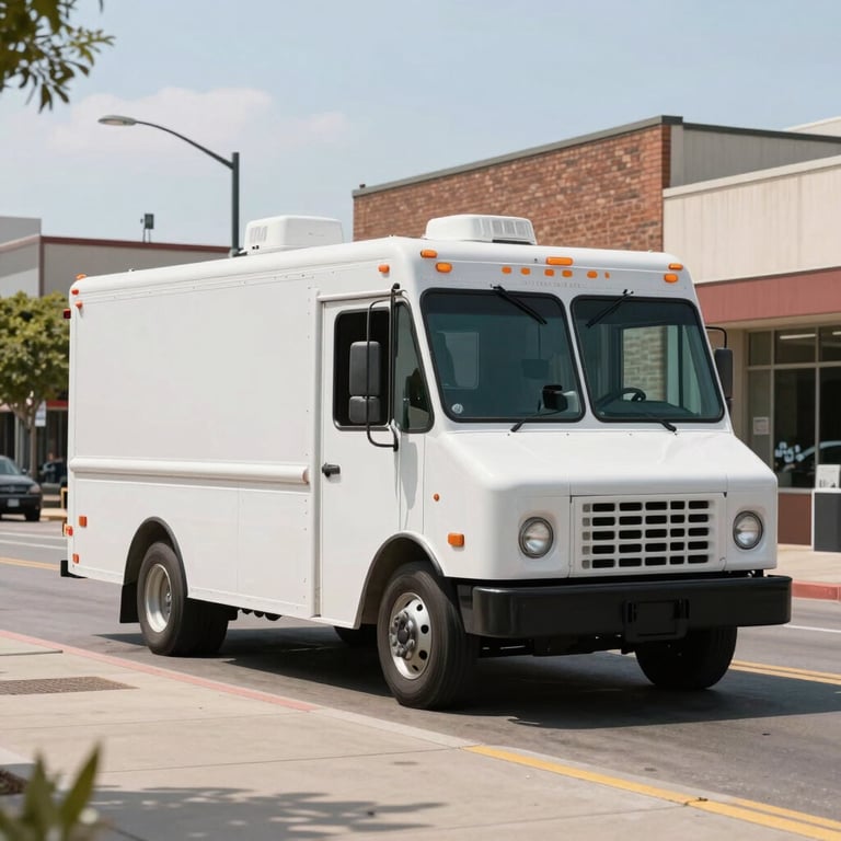 A wide shot of a modern mobile service truck driving through a clean, sun-drenched North American city.