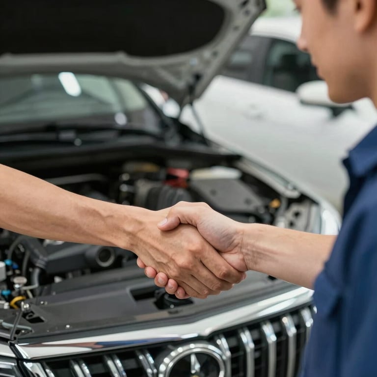 Close-up of a satisfied customer shaking hands with a technician next to a perfectly repaired car.