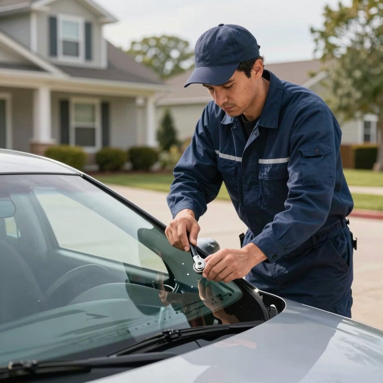 A technician in a professional navy blue uniform installing a new windshield in a residential driveway in the US.