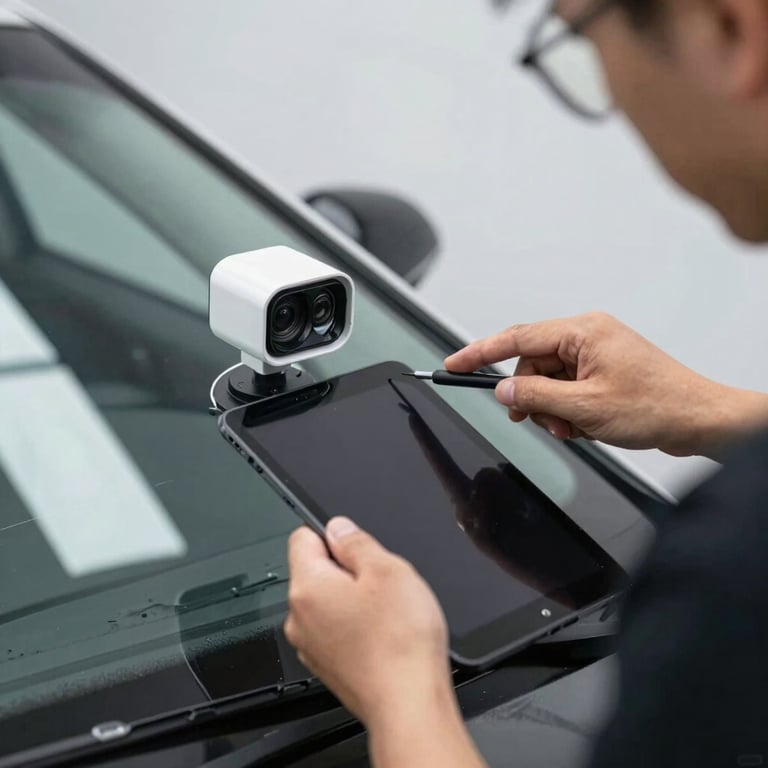 A technician using a handheld tablet to calibrate a car's safety sensors after a glass replacement.