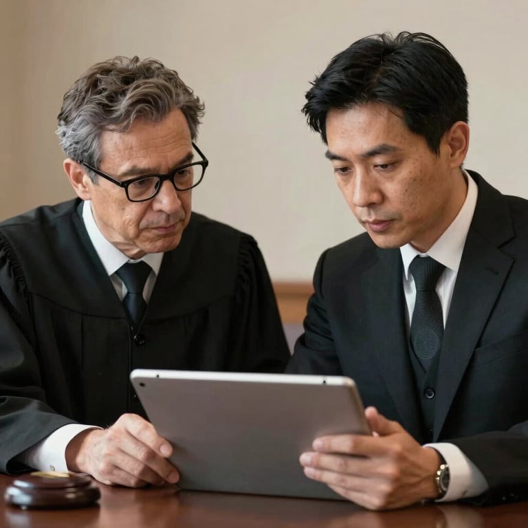Candid shot of two lawyers in a collaborative discussion over a tablet, emphasizing modern technology and teamwork.