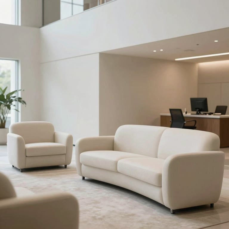 Detail of the office lobby with a premium aesthetic, featuring minimalist furniture and a soft off-white color palette.