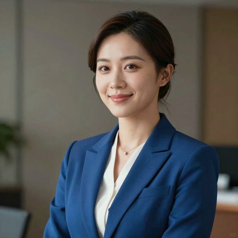 A female partner in a steel blue professional attire, smiling subtly with an air of authority and approachability.