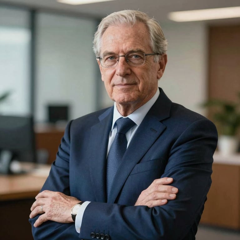 Professional portrait of a senior lawyer in a midnight blue suit, looking confident and experienced, against a blurred office background.